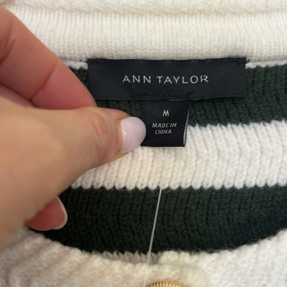 NWT Ann Taylor striped stitch jacket/cardigan sweater. Dark green/cream. Medium - Picture 2 of 10